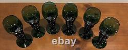 Vintage Roemer German Wine Goblets, Dark Green With Etched Grape Leaves, Set Of 6