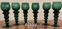 Vintage Roemer German Wine Goblets, Dark Green With Etched Grape Leaves, Set Of 6