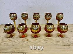 Vintage Ruby Murano Glass Wine Goblets Gold Painted With Floral Design