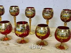 Vintage Ruby Murano Glass Wine Goblets Gold Painted With Floral Design