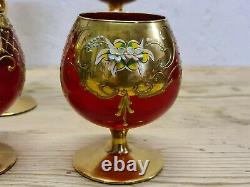 Vintage Ruby Murano Glass Wine Goblets Gold Painted With Floral Design