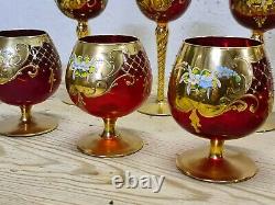 Vintage Ruby Murano Glass Wine Goblets Gold Painted With Floral Design