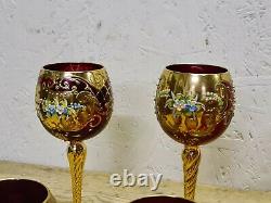 Vintage Ruby Murano Glass Wine Goblets Gold Painted With Floral Design