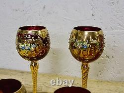 Vintage Ruby Murano Glass Wine Goblets Gold Painted With Floral Design