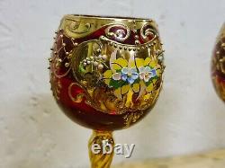 Vintage Ruby Murano Glass Wine Goblets Gold Painted With Floral Design