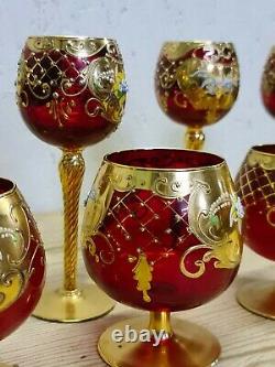 Vintage Ruby Murano Glass Wine Goblets Gold Painted With Floral Design