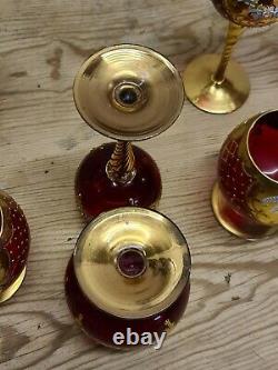 Vintage Ruby Murano Glass Wine Goblets Gold Painted With Floral Design