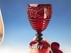 Vintage Ruby Red Etched Grapes Wine Water Glasses