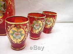 Vintage Ruby Red Glass Wine/Cordial Bar Set Gold Overlay Liqueur Decanter