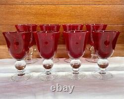 Vintage Ruby Red Wine Water Goblets With Clear Ball Stem Crystal Set Of 8