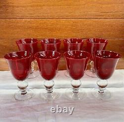 Vintage Ruby Red Wine Water Goblets With Clear Ball Stem Crystal Set Of 8