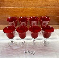 Vintage Ruby Red Wine Water Goblets With Clear Ball Stem Crystal Set Of 8