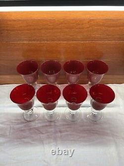 Vintage Ruby Red Wine Water Goblets With Clear Ball Stem Crystal Set Of 8