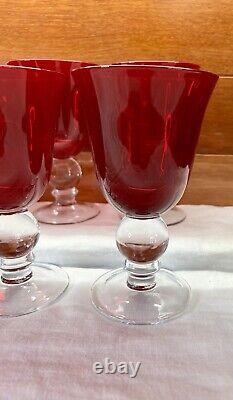 Vintage Ruby Red Wine Water Goblets With Clear Ball Stem Crystal Set Of 8