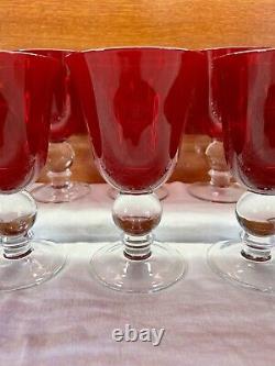 Vintage Ruby Red Wine Water Goblets With Clear Ball Stem Crystal Set Of 8