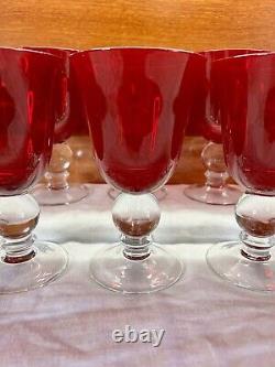 Vintage Ruby Red Wine Water Goblets With Clear Ball Stem Crystal Set Of 8