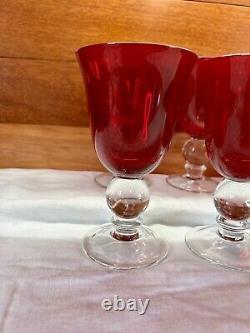 Vintage Ruby Red Wine Water Goblets With Clear Ball Stem Crystal Set Of 8