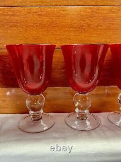 Vintage Ruby Red Wine Water Goblets With Clear Ball Stem Crystal Set Of 8