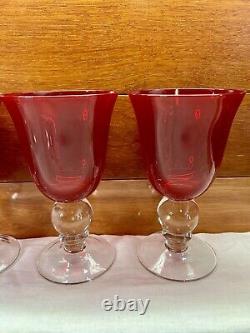 Vintage Ruby Red Wine Water Goblets With Clear Ball Stem Crystal Set Of 8