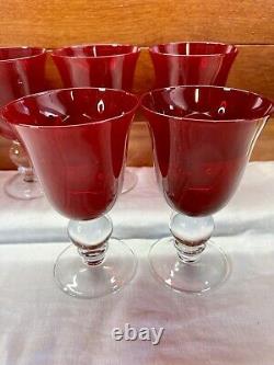 Vintage Ruby Red Wine Water Goblets With Clear Ball Stem Crystal Set Of 8