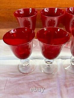 Vintage Ruby Red Wine Water Goblets With Clear Ball Stem Crystal Set Of 8