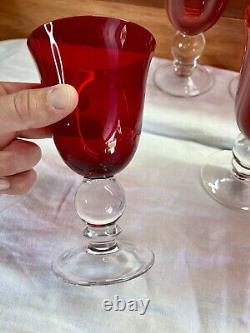 Vintage Ruby Red Wine Water Goblets With Clear Ball Stem Crystal Set Of 8