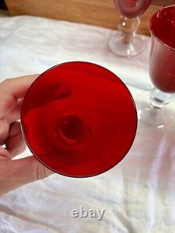 Vintage Ruby Red Wine Water Goblets With Clear Ball Stem Crystal Set Of 8