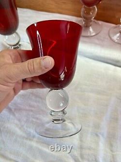 Vintage Ruby Red Wine Water Goblets With Clear Ball Stem Crystal Set Of 8