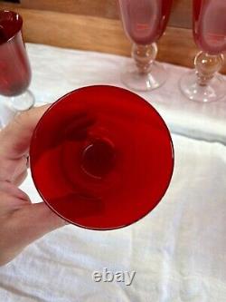 Vintage Ruby Red Wine Water Goblets With Clear Ball Stem Crystal Set Of 8