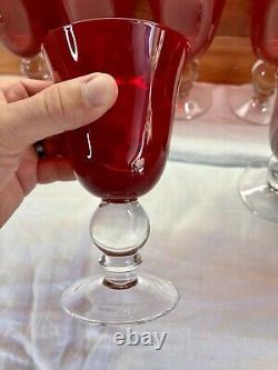 Vintage Ruby Red Wine Water Goblets With Clear Ball Stem Crystal Set Of 8