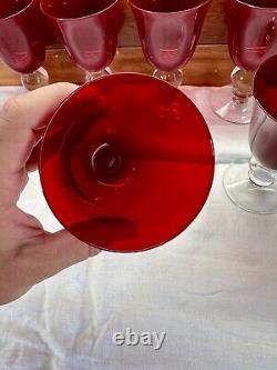 Vintage Ruby Red Wine Water Goblets With Clear Ball Stem Crystal Set Of 8
