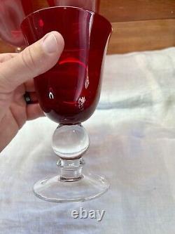 Vintage Ruby Red Wine Water Goblets With Clear Ball Stem Crystal Set Of 8