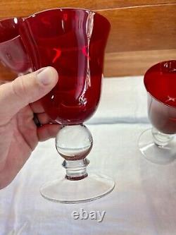Vintage Ruby Red Wine Water Goblets With Clear Ball Stem Crystal Set Of 8