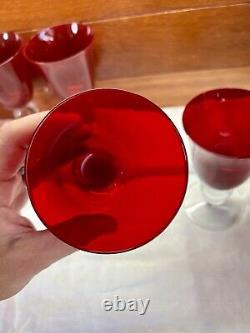 Vintage Ruby Red Wine Water Goblets With Clear Ball Stem Crystal Set Of 8