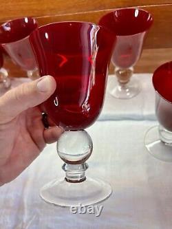 Vintage Ruby Red Wine Water Goblets With Clear Ball Stem Crystal Set Of 8