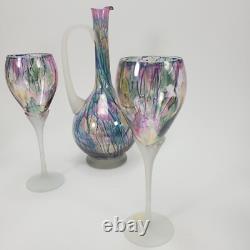 Vintage Rueven Art Nouveau Art Glass Decanter with2 Matching Tall Wine Glasses
