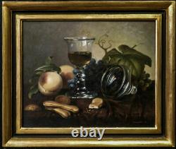 Vintage Russian Still Life Oil Painting Glass of Wine and Peach Signed Shilegov