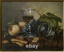 Vintage Russian Still Life Oil Painting Glass of Wine and Peach Signed Shilegov
