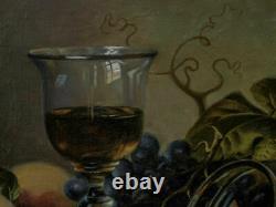 Vintage Russian Still Life Oil Painting Glass of Wine and Peach Signed Shilegov