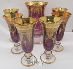 Vintage SC Line Italian Purple With 24k Gold Goblet Wine Glasses 6 & Carafe