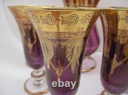 Vintage SC Line Italian Purple With 24k Gold Goblet Wine Glasses 6 & Carafe