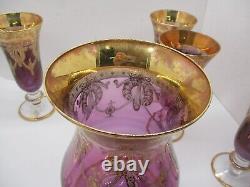 Vintage SC Line Italian Purple With 24k Gold Goblet Wine Glasses 6 & Carafe