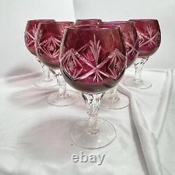 Vintage SET 6 BOHEMIAN CZECH CUT TO CLEAR CRYSTAL Wine GLASSES Goblets Ruby RED