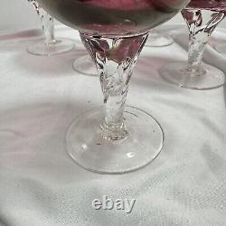 Vintage SET 6 BOHEMIAN CZECH CUT TO CLEAR CRYSTAL Wine GLASSES Goblets Ruby RED