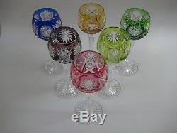 Vintage SET OF (6) Bohemian Multi Color Cased Cut to Clear Crystal Wine Stems
