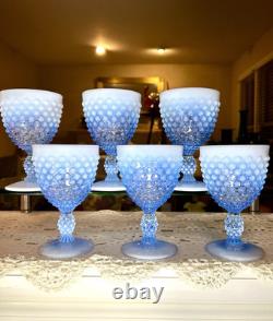 Vintage SET OF 6 VTG FENTON GLASS BLUE OPALESCENT HOBNAIL WINE Glasses 6