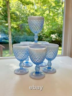 Vintage SET OF 6 VTG FENTON GLASS BLUE OPALESCENT HOBNAIL WINE Glasses 6