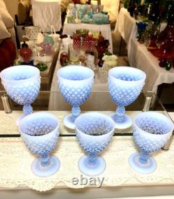 Vintage SET OF 6 VTG FENTON GLASS BLUE OPALESCENT HOBNAIL WINE Glasses 6