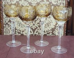 Vintage SET of 4 Bohemian Glass AMBER Cut-To-Clear WINE GLASSES-8 1/2