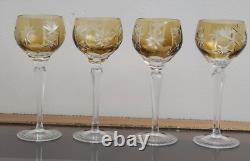 Vintage SET of 4 Bohemian Glass AMBER Cut-To-Clear WINE GLASSES-8 1/2